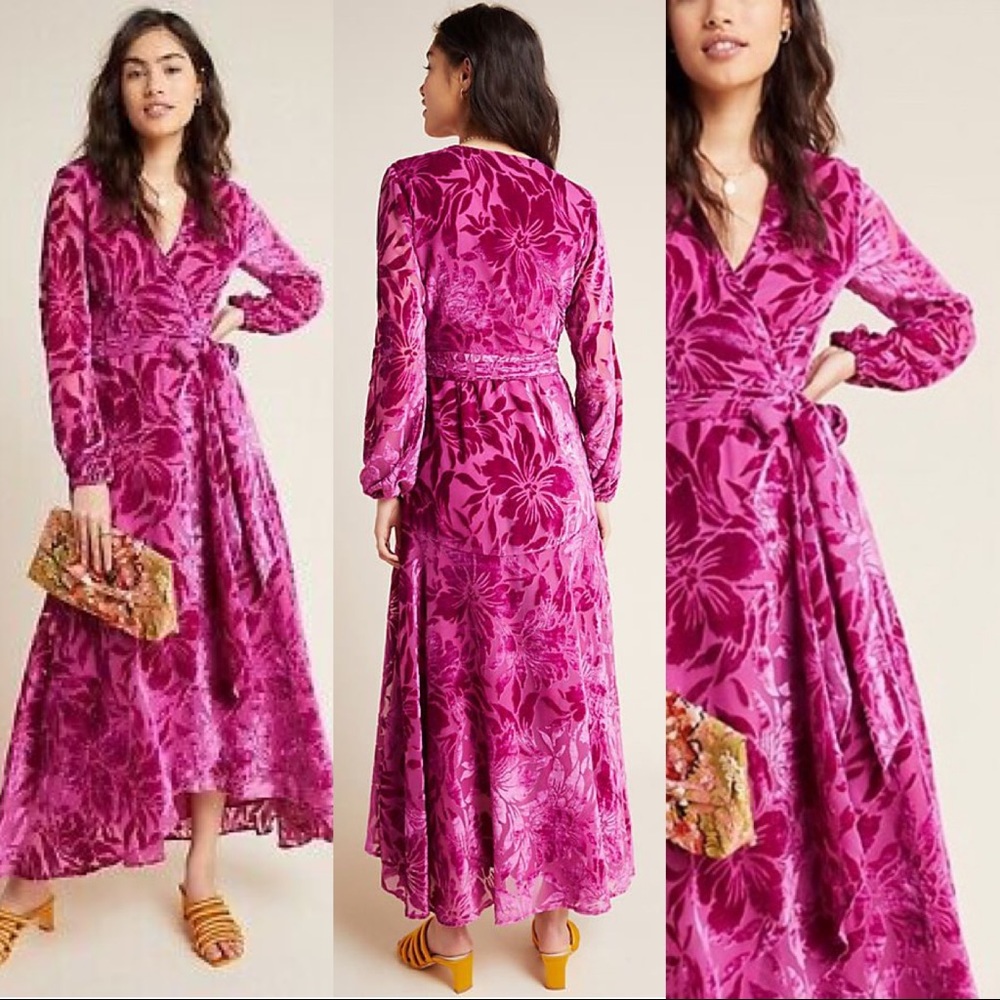 Anthro X Hutch Burnout Velvet Maxi Dress Pink M